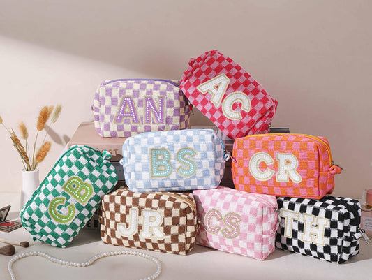 Personalized Checkered Makeup Bag, Embroidered Makeup Bag, Monogram Makeup Bag, Bridesmaid Gifts, Vacation Gift, Bachelorette Party Favors