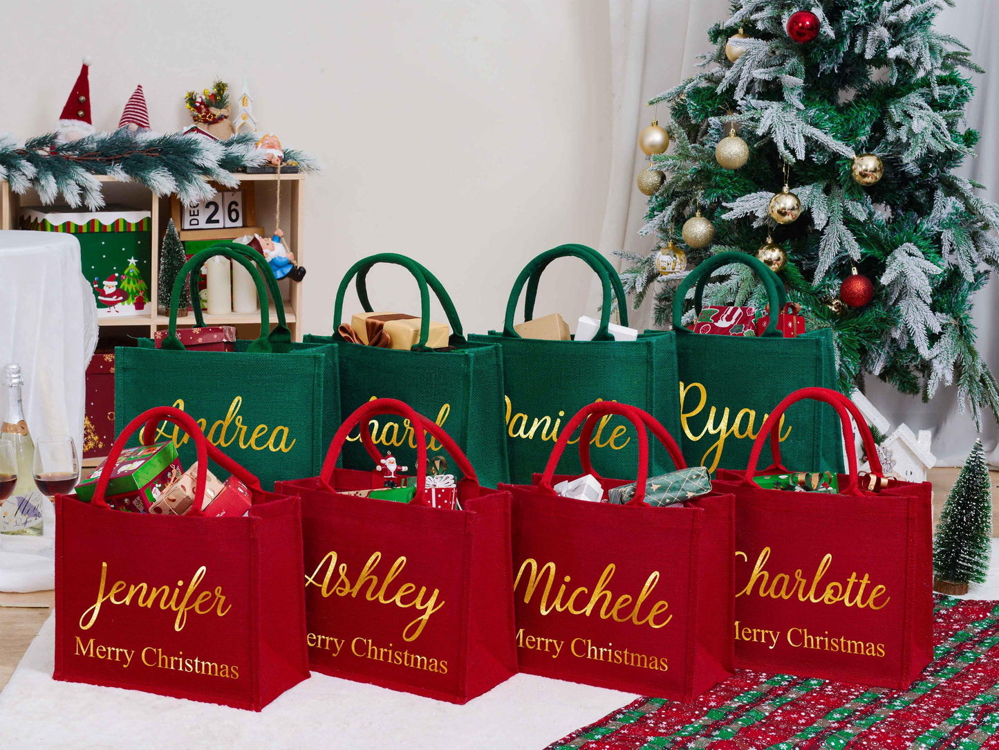 Personalized Christmas Gift Bag & Charm,Red Burlap Gift Bags,Christmas Party Bags,Christmas Sacks,Holiday Party Favors,Christmas Eve Gifts