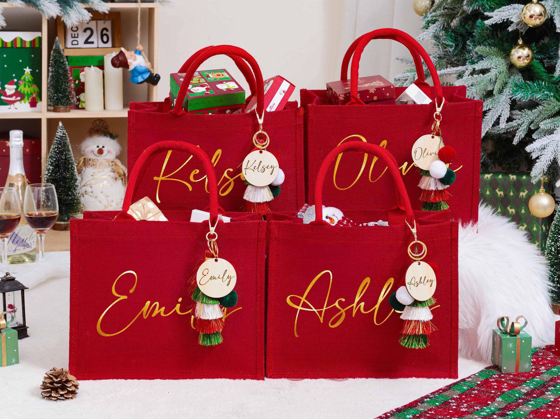 Personalized Christmas Gift Bag & Charm,Red Burlap Gift Bags,Christmas Party Bags,Christmas Sacks,Holiday Party Favors,Christmas Eve Gifts