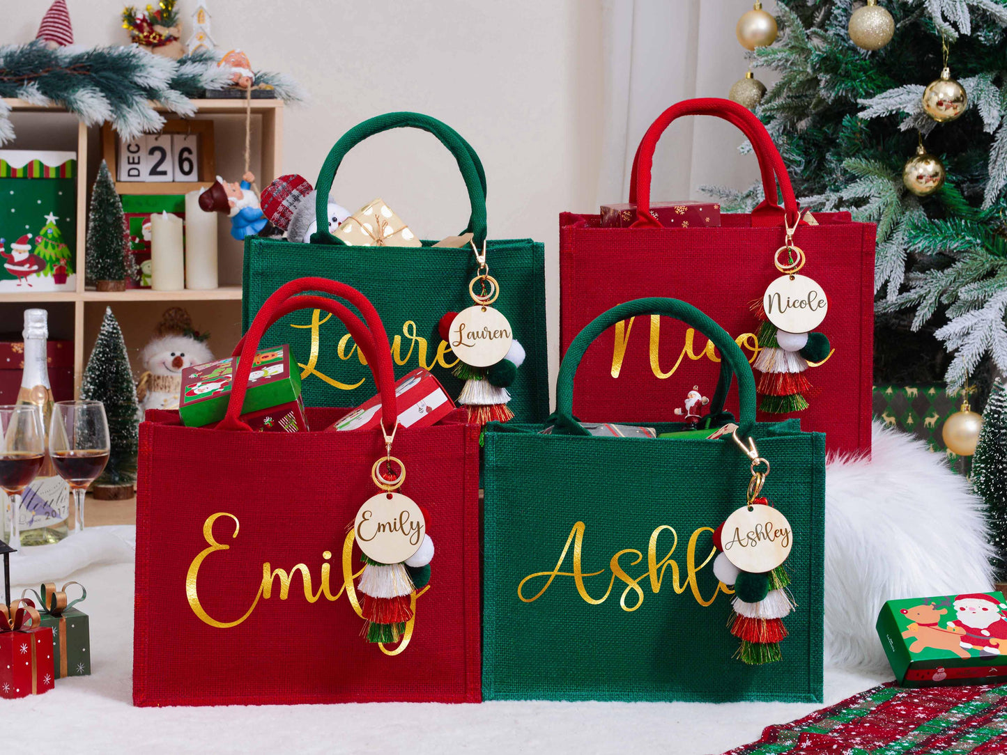 Personalized Christmas Gift Bags,Red Burlap Christmas Gift Bag,Christmas Party Bags,Christmas Sacks,Holiday Party Favors,Christmas Eve Gifts
